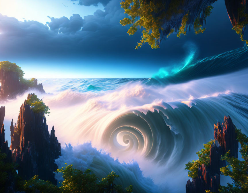 Fantastical landscape with swirling ocean vortex and dramatic sky