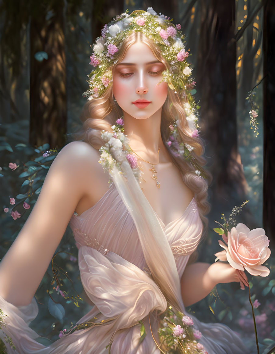 Woman in floral crown and peach gown holding a flower in sunlit forest