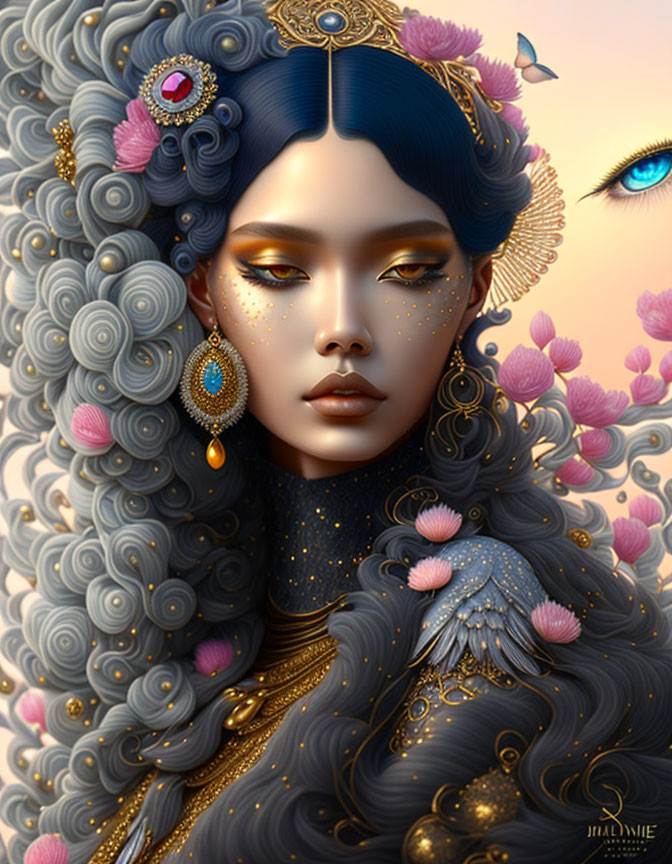 Illustration: Woman with Blue Hair, Gold & Jewels, Grey Curls, Peacock Feather