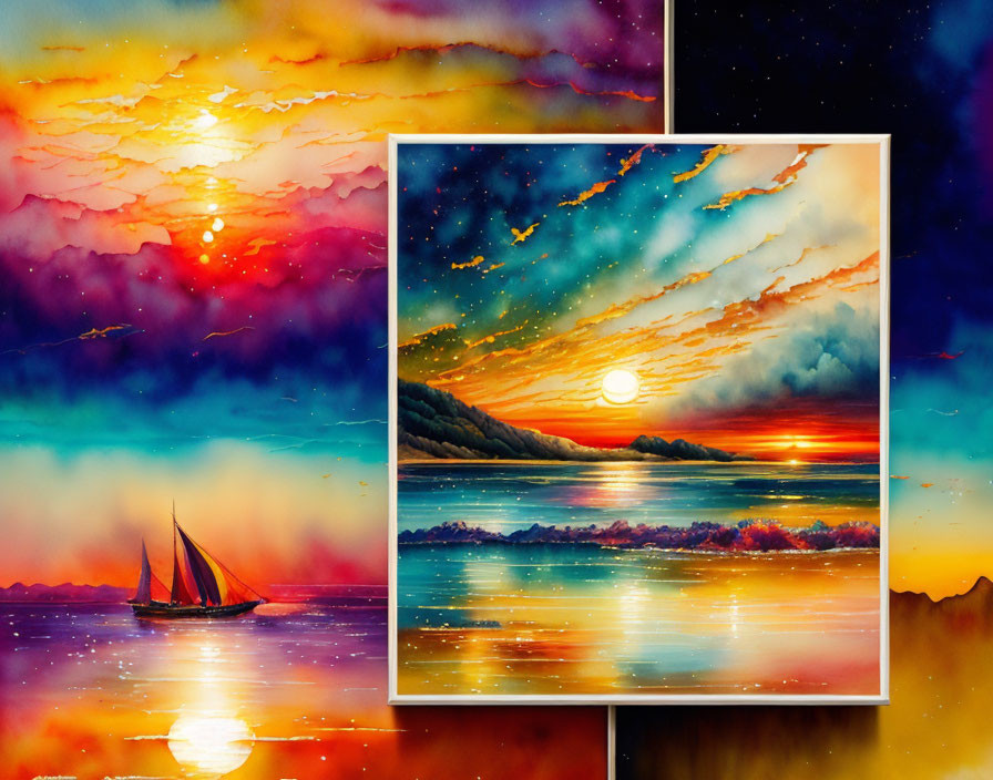 Colorful sunset seascape with sailing boat and starry sky transition