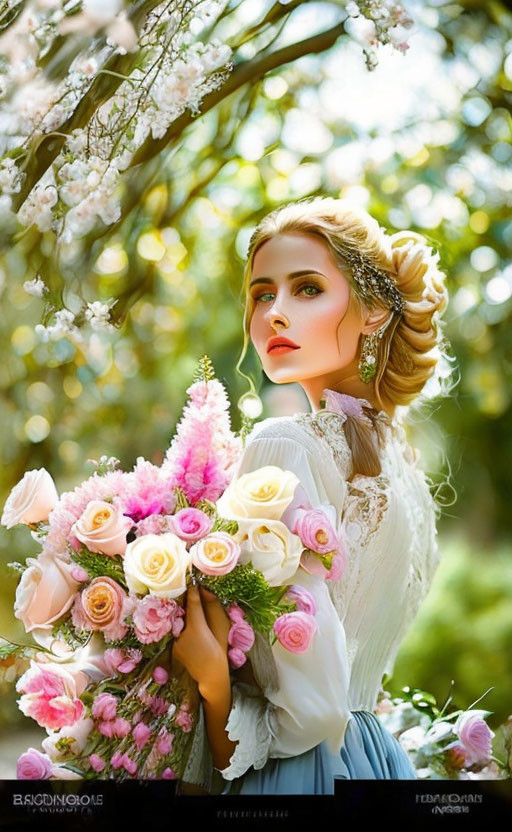 Elaborate Hairstyle Woman with Bouquet Under Blooming Tree