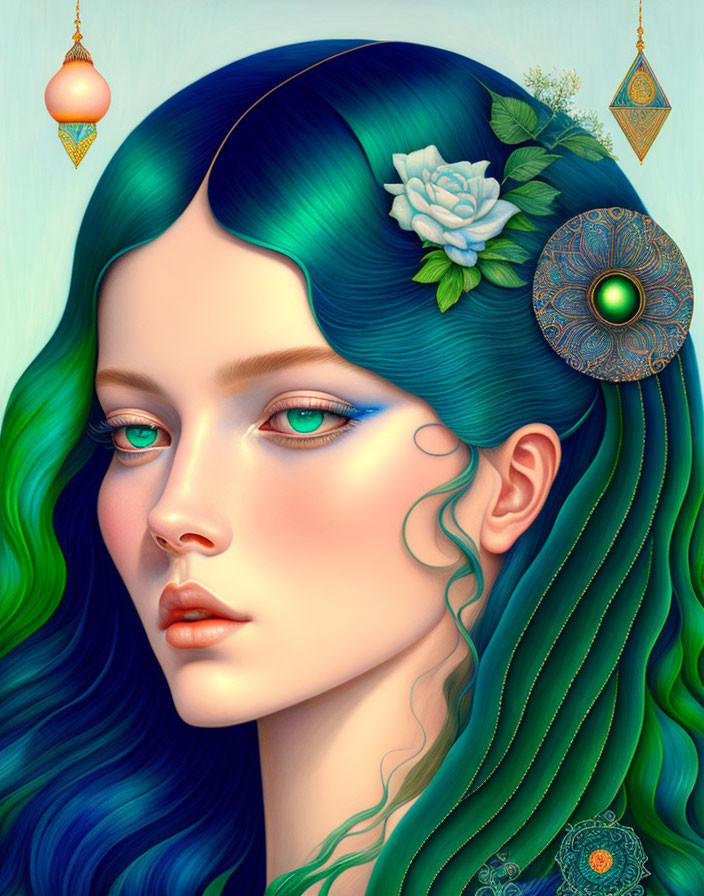 Vibrant blue-green hair woman with white flower and mandala jewelry in digital art