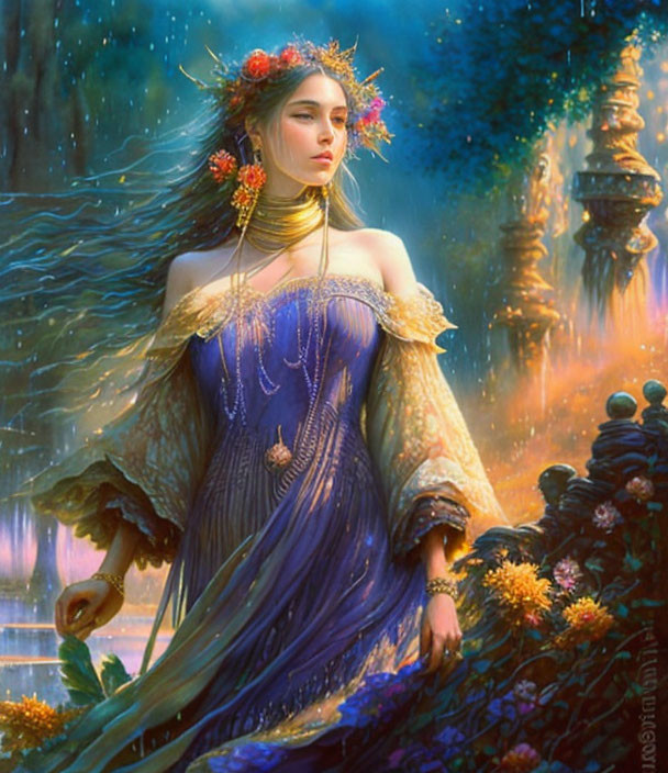 Ethereal woman in blue gown with golden accents in mystical forest.