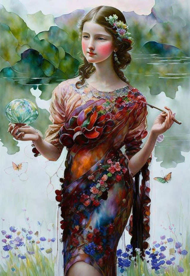 Woman in floral dress with glass orb, butterflies, and water lily pond