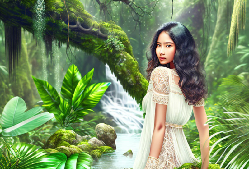 Woman in White Dress in Lush Green Forest with Waterfall