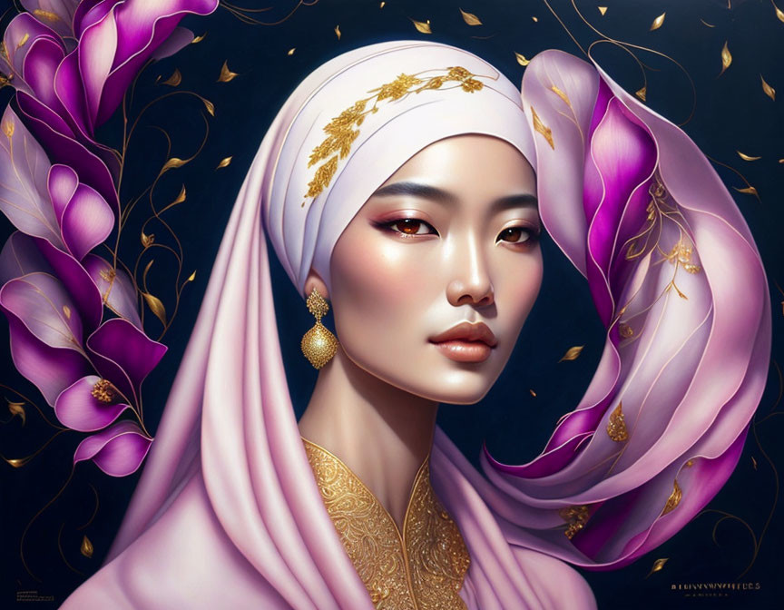 Illustration of woman in white and gold hijab with gold leaf designs and pink garment on dark background