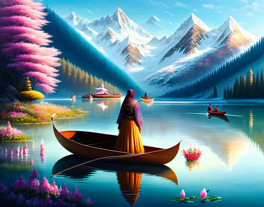 Traditional Attire Figure on Boat with Pink Trees and Snowy Mountains