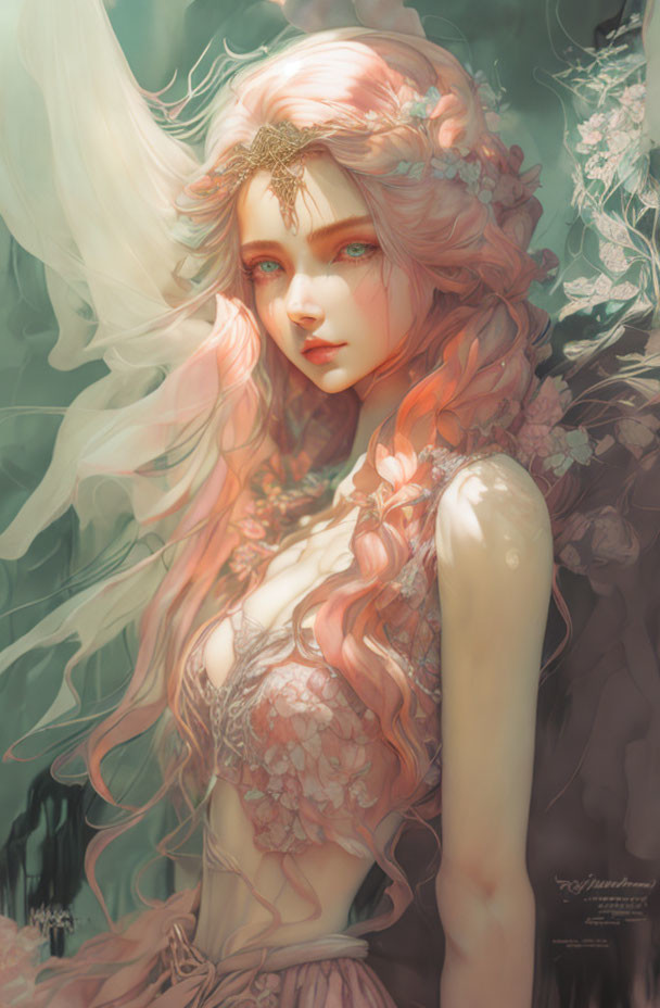 Ethereal female figure with pink hair and floral attire