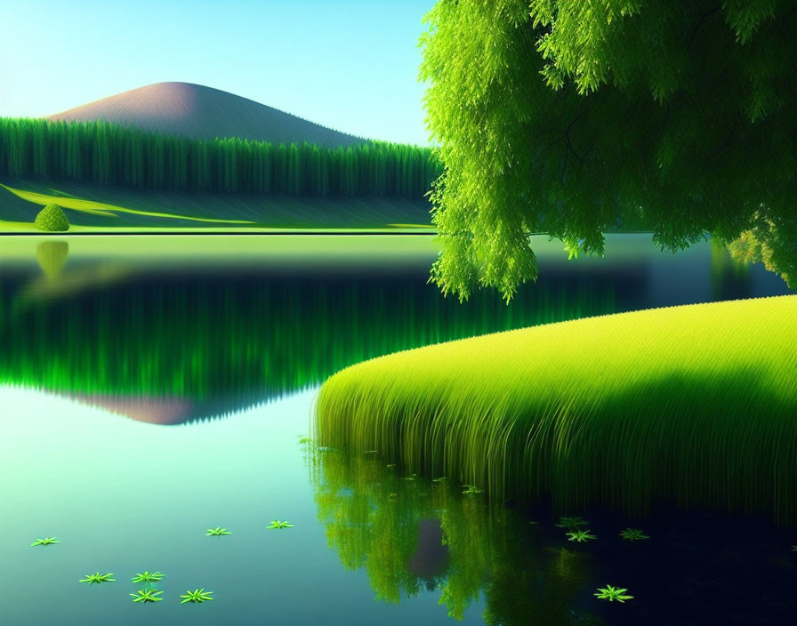 Tranquil lake with lush green hills and weeping willow