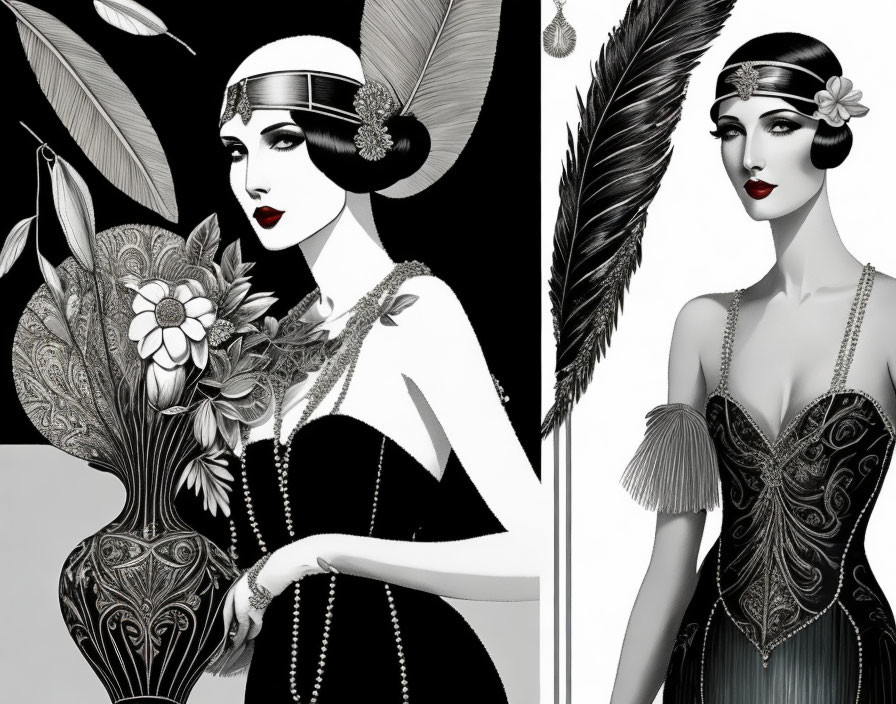 Vintage Art Deco Illustration: Two Women in 1920s Flapper Fashion, One with