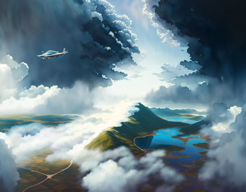 Airplane flying over dramatic sky and lush landscape with rolling hills, lake, and shadowed clouds.