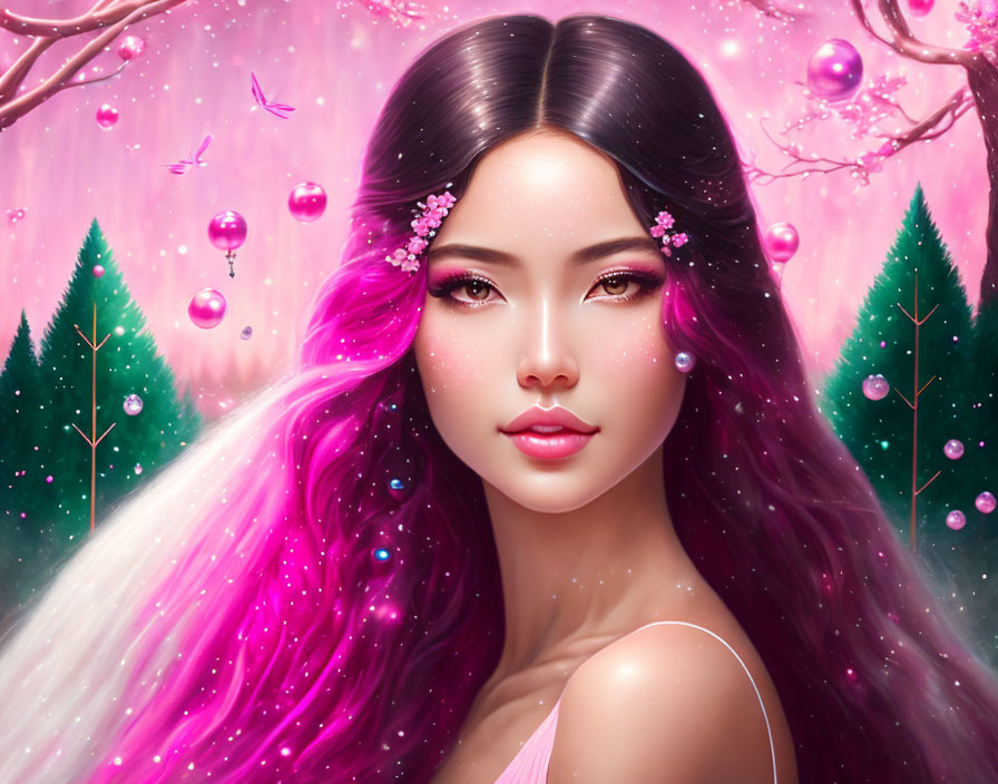 Whimsical digital artwork of woman with pink and white hair and floral adornments