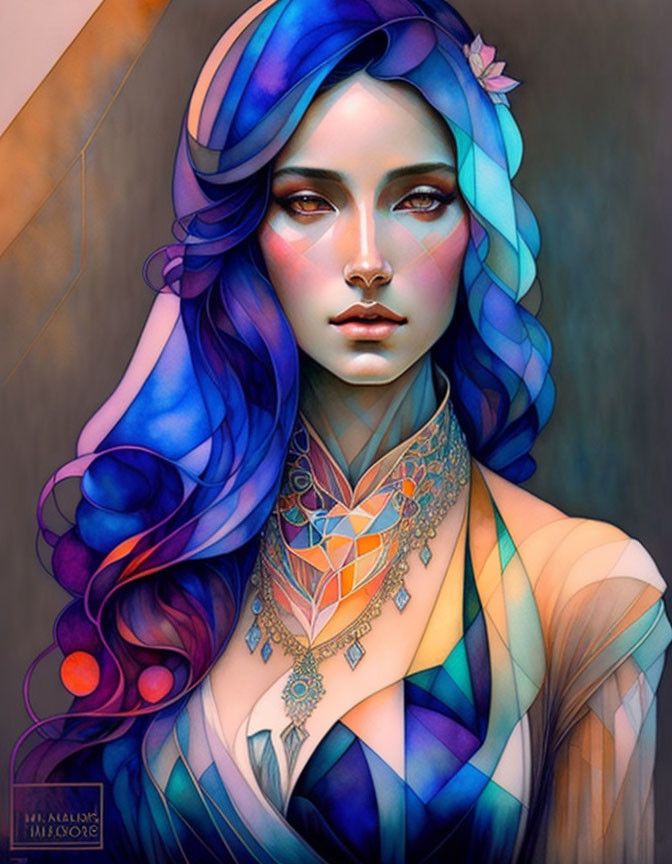 Colorful portrait of a woman with blue and purple hair, vibrant makeup, and detailed necklace