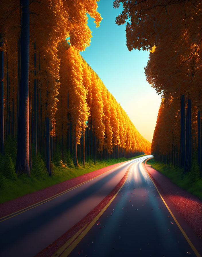 Autumn forest scenery: winding road, tall trees, warm sunlight