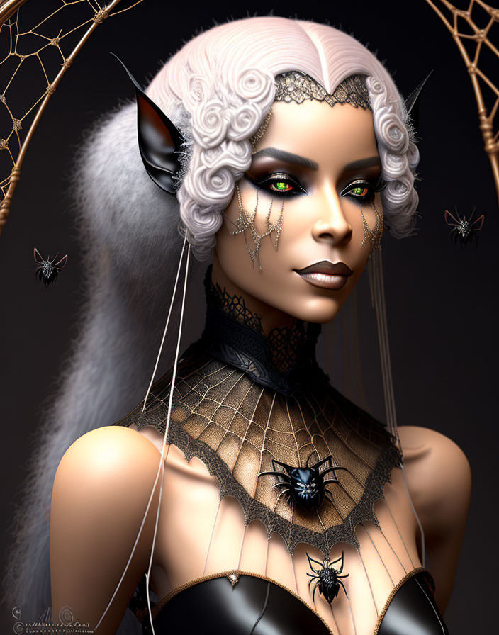 Fantasy-inspired character with pale skin, pointed ears, silver hair, Victorian attire, striking makeup,