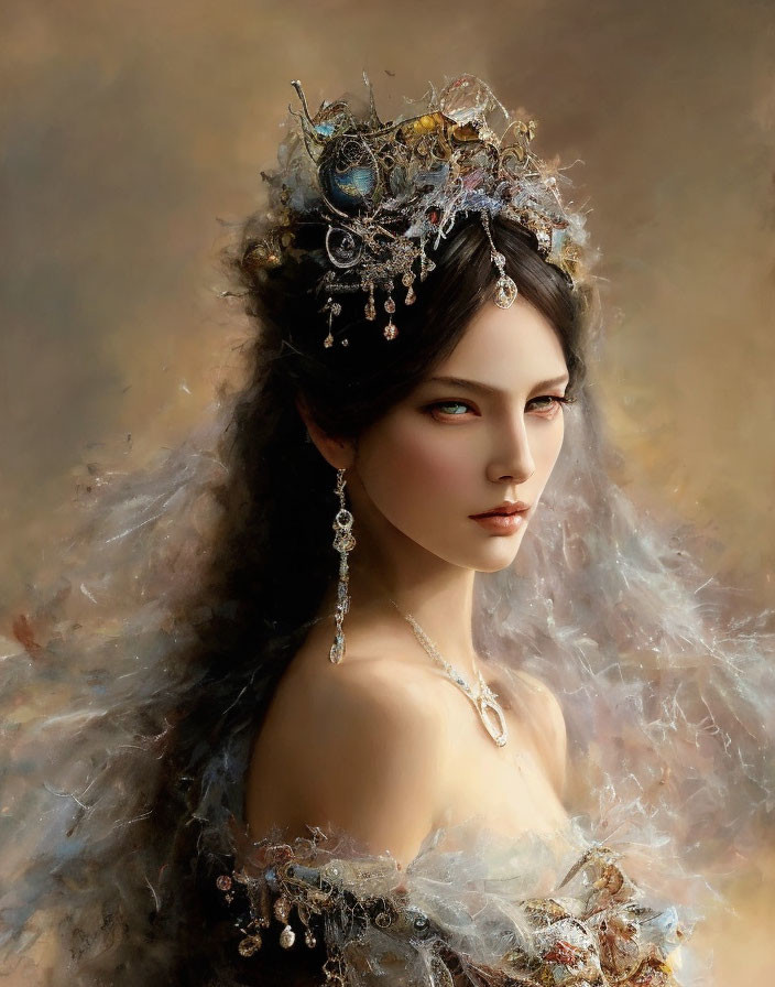 Portrait of Woman with Intricate Crown and Striking Blue Eyes