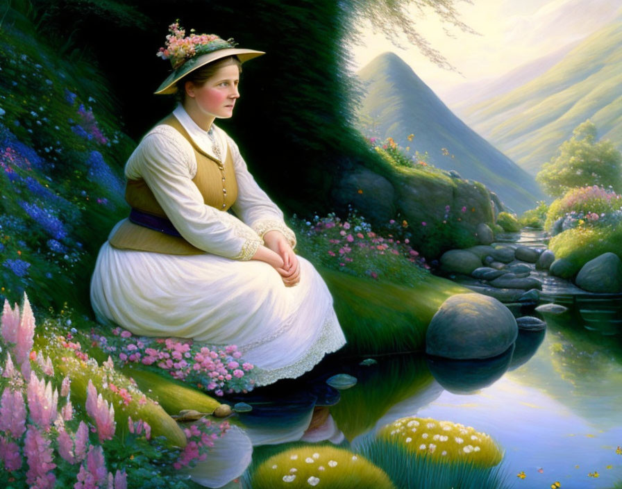 Historical woman sitting by stream in lush valley with flowers under sunlight