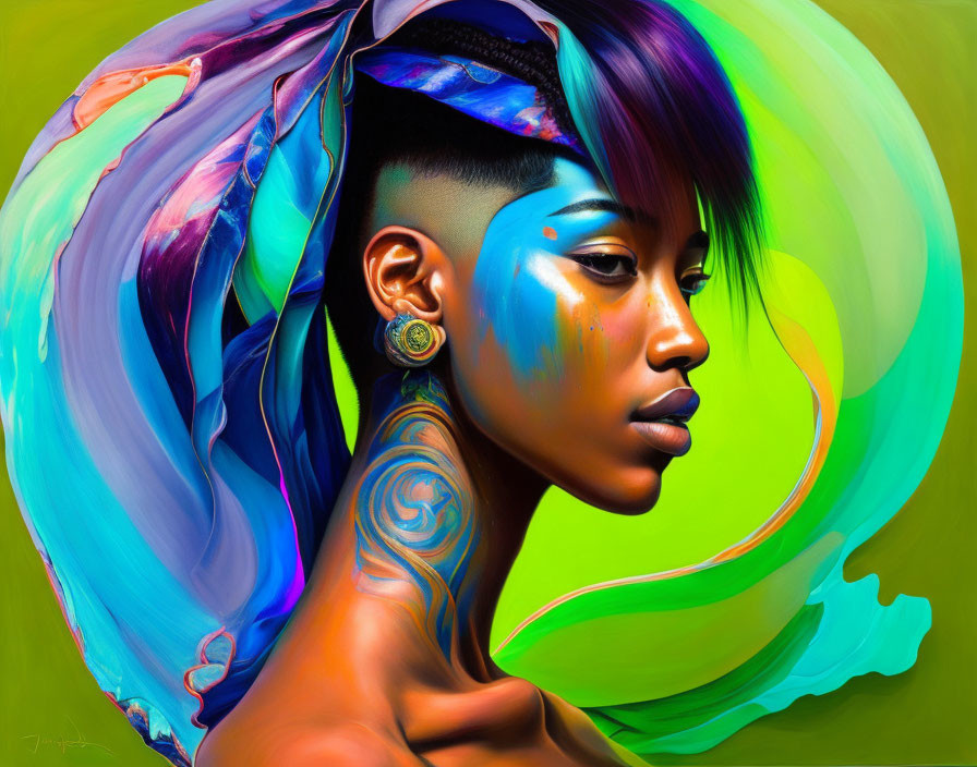 Vibrant portrait featuring blue skin tones and swirling pattern.