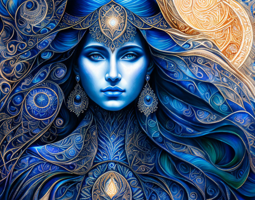 Mystical woman with blue skin and ornate jewelry in intricate illustration