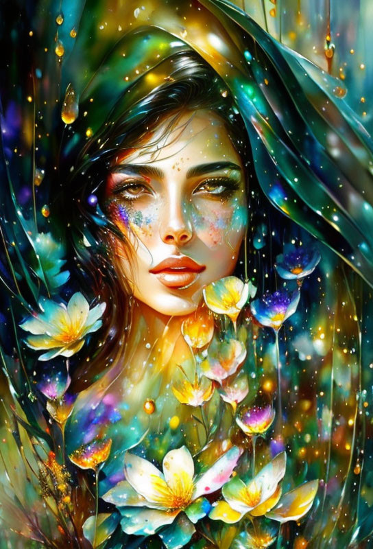 Colorful digital painting of woman amidst luminous flowers and starry background