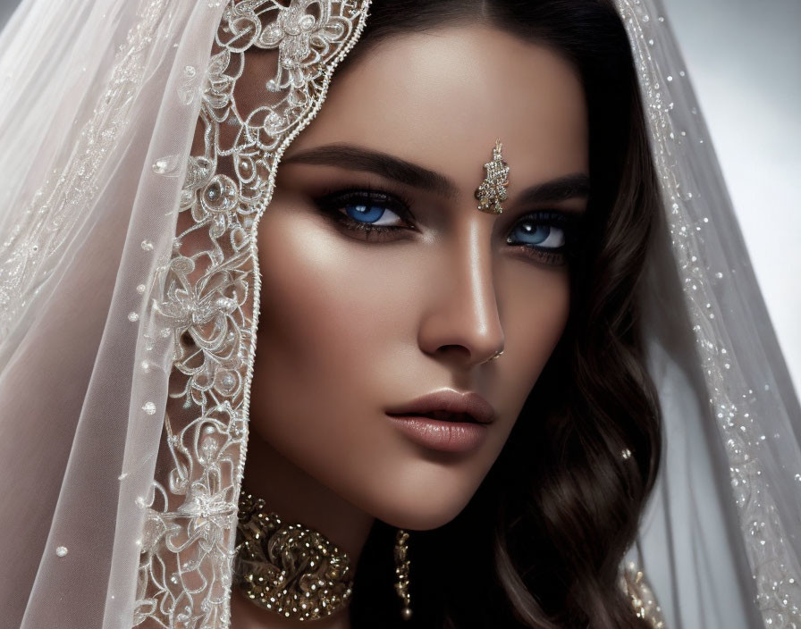 Woman with Blue Eyes in Bridal Makeup and Veil with Maang Tikka