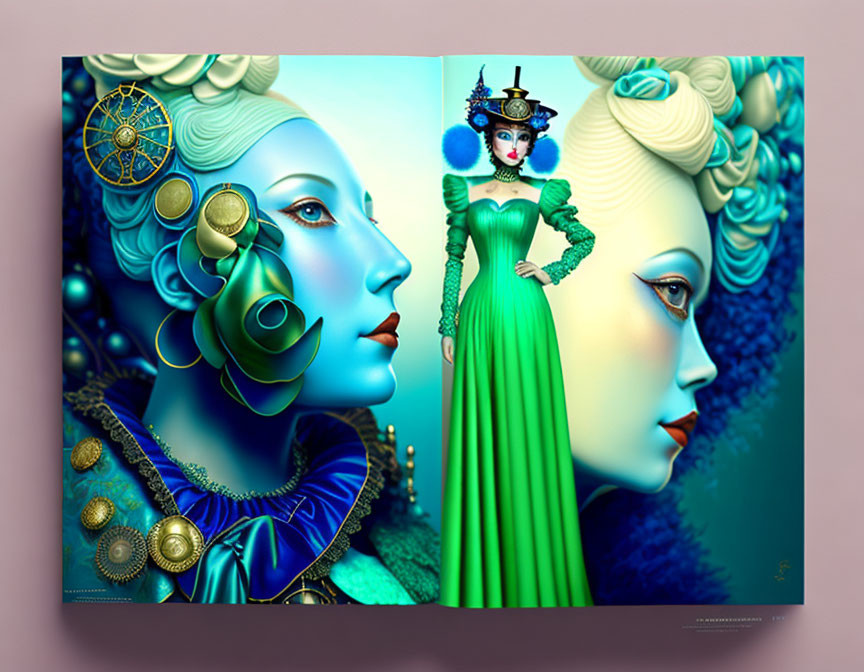 Colorful digital artwork featuring two stylized women with intricate hairstyles and accessories on teal background