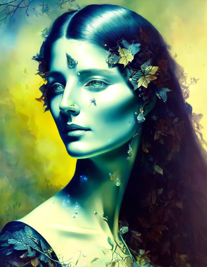 Digital portrait of a woman with blue skin and autumn-themed hair transformation