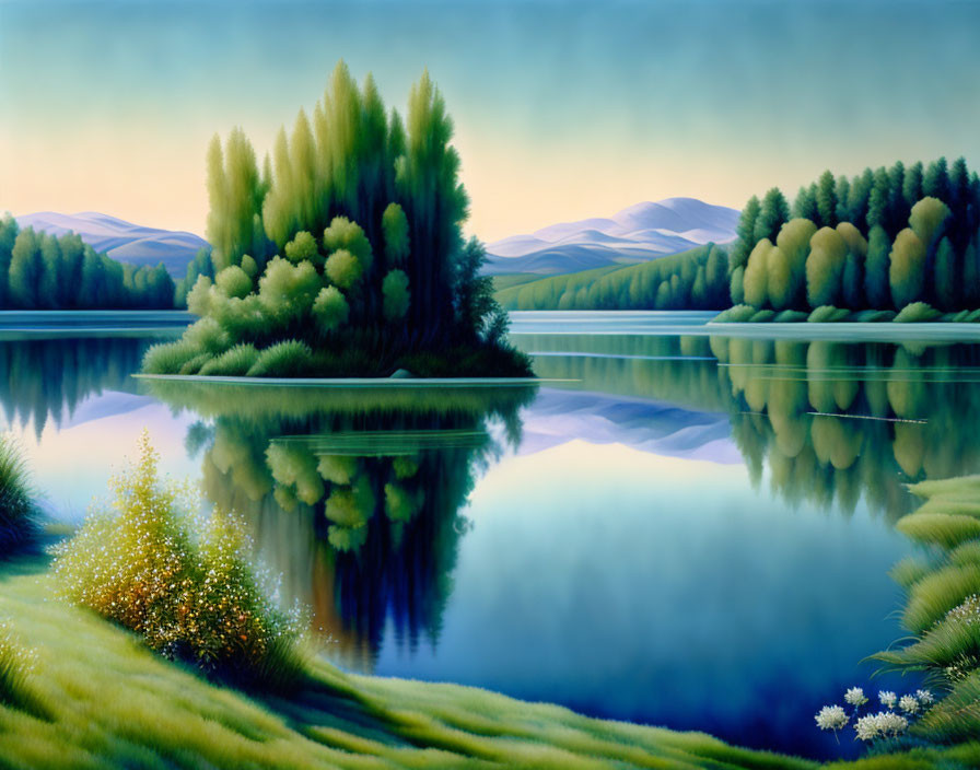 Tranquil landscape: lush green trees, still lake, twilight sky