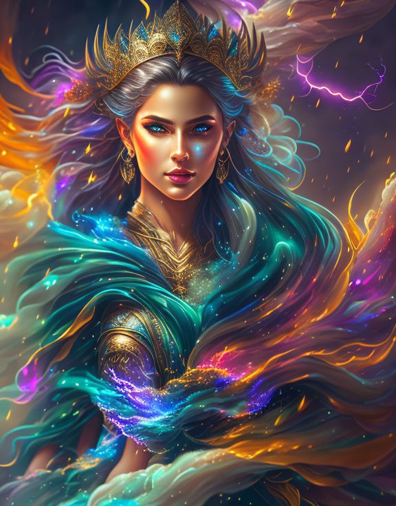 Fantasy queen with golden crown and multicolored hair in lightning backdrop