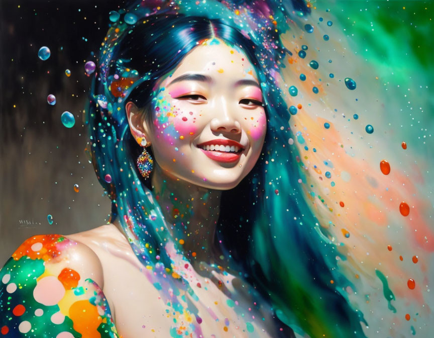 Vibrant portrait of a smiling woman with colorful paint splashes and bubbles