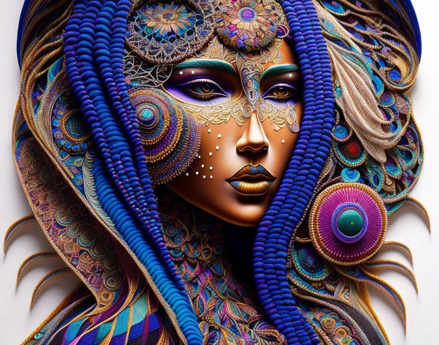 Colorful Stylized Woman's Face with Peacock Feather-Inspired Patterns