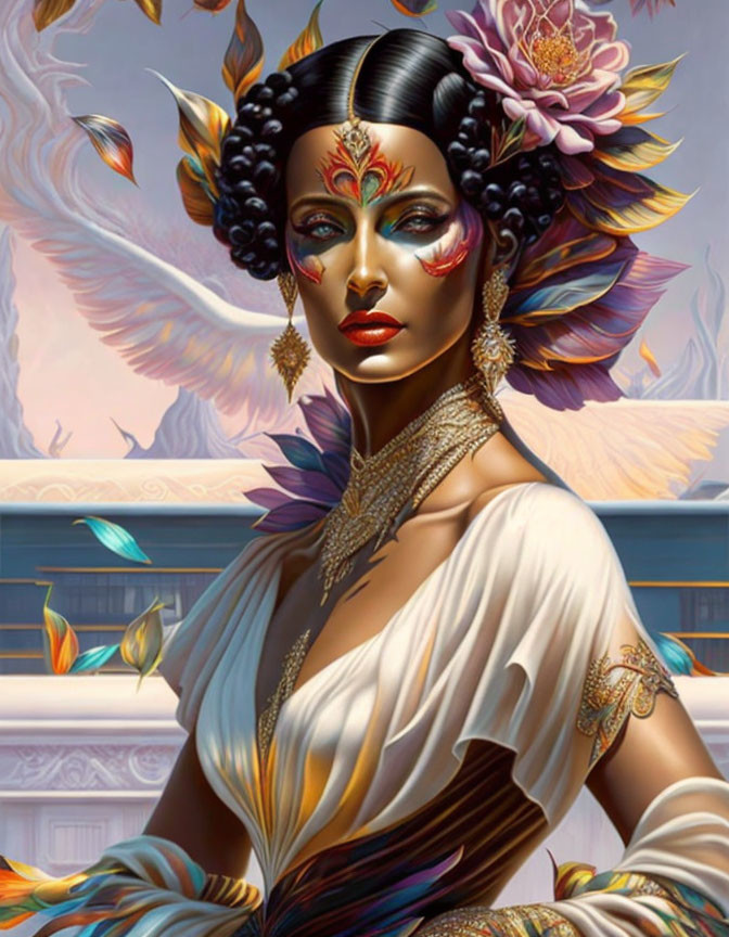 Elaborately adorned woman with gold jewelry and headdress in front of wings and feathers