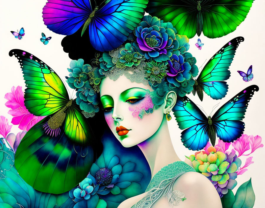 Colorful Woman Illustration with Floral and Butterfly Motifs