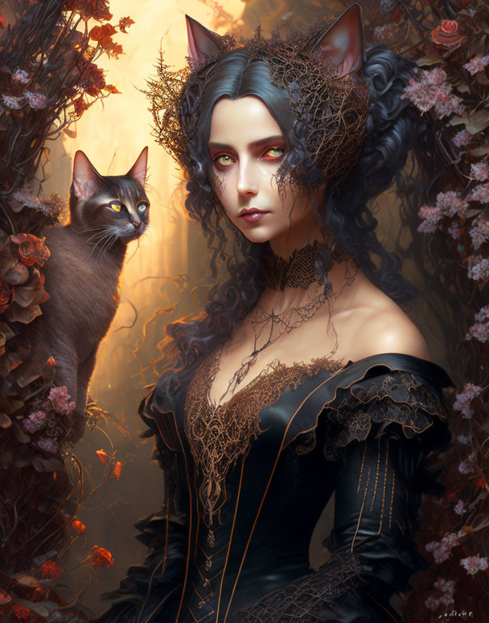 Ethereal woman with pointed ears and twig adornments beside a black cat in glowing amber light.