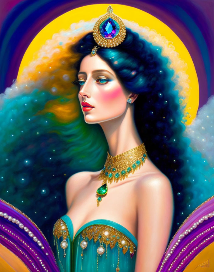 Regal woman with blue hair in cosmic setting