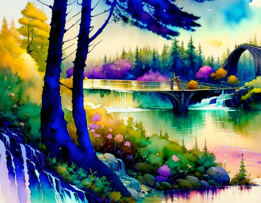 Serene river bridge watercolor landscape with colorful flora