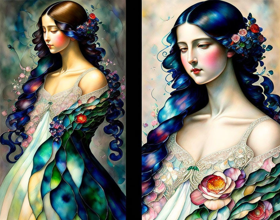 Stylized portraits of women with floral and butterfly motifs in vibrant colors