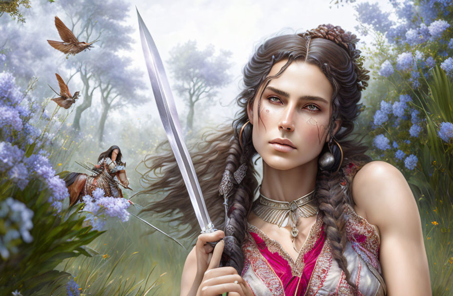 Braided hair warrior with sword in misty floral landscape