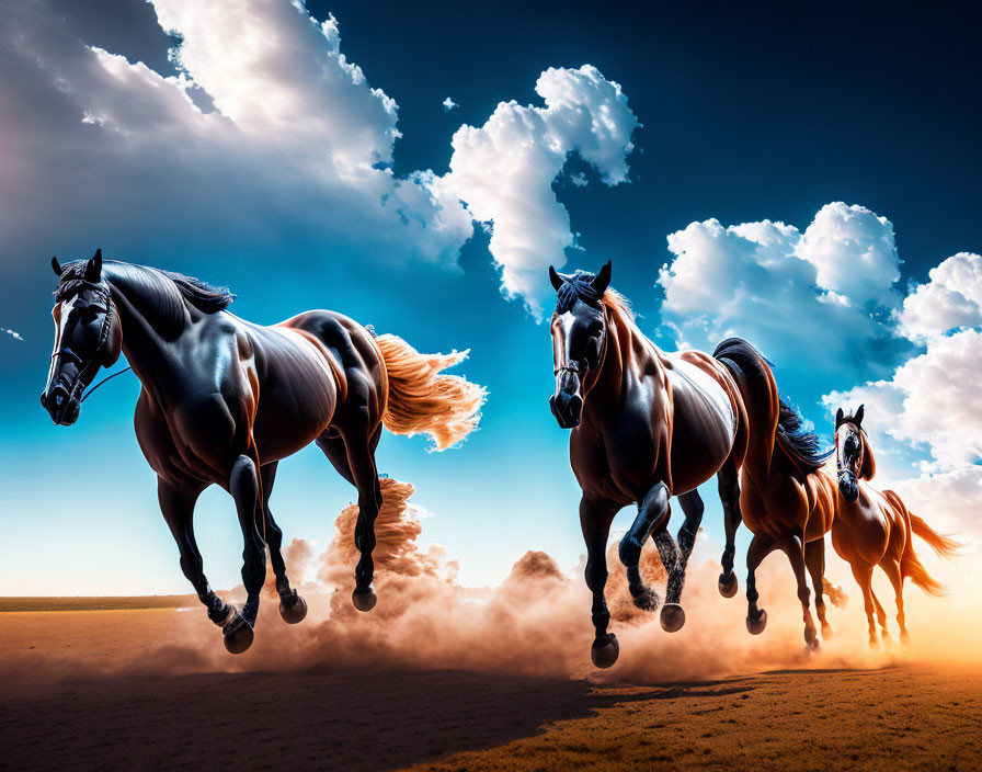 Majestic horses galloping on dusty terrain under dramatic sky