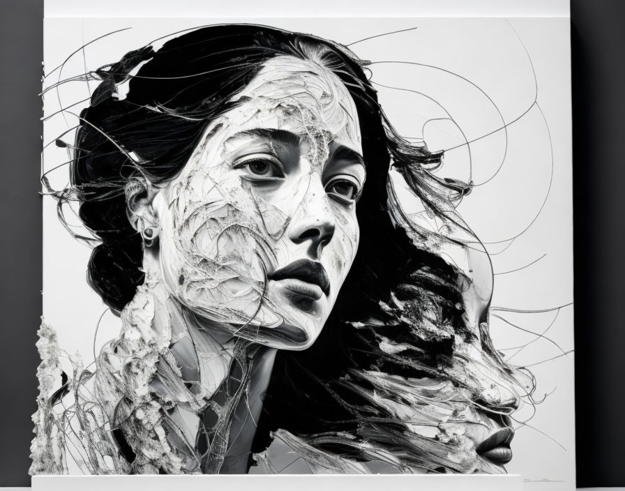 Fragmented Monochrome Portrait with Motion Lines & Textures