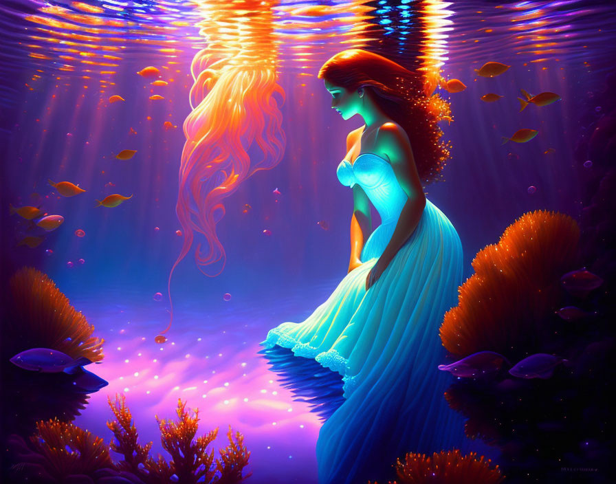 Surreal underwater illustration of woman with flowing hair in vibrant blue and purple hues