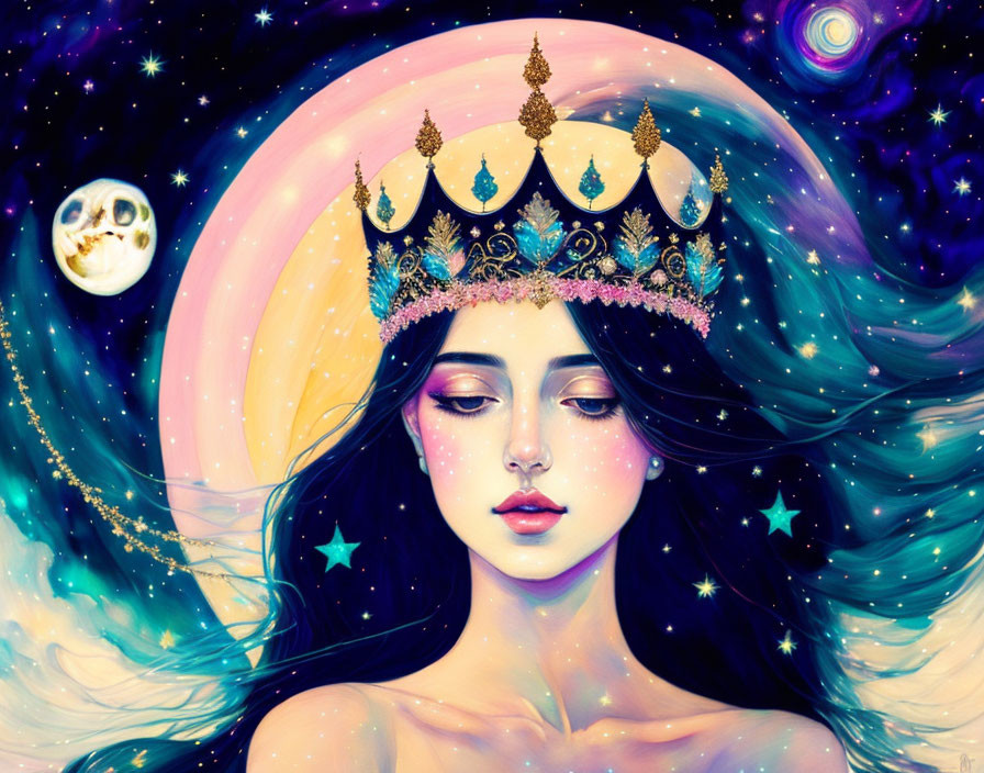 Illustration of woman with crown in cosmic setting