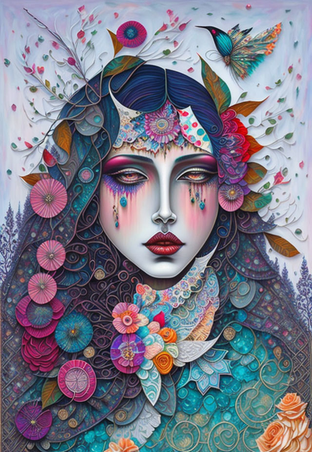 Colorful artwork: Woman's face with floral patterns and birds