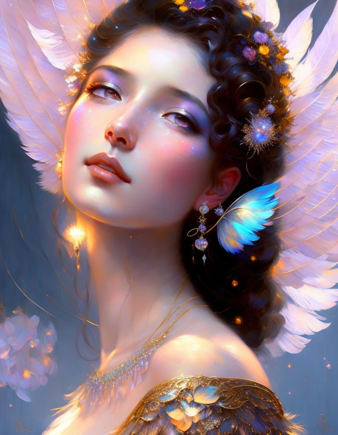 Fantasy portrait of woman with radiant skin, gold jewelry, feathers, and butterfly wings.