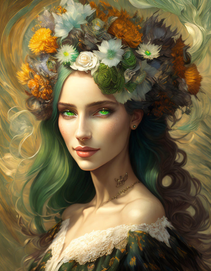 Portrait of Woman with Green Hair & Eyes in Floral Crown