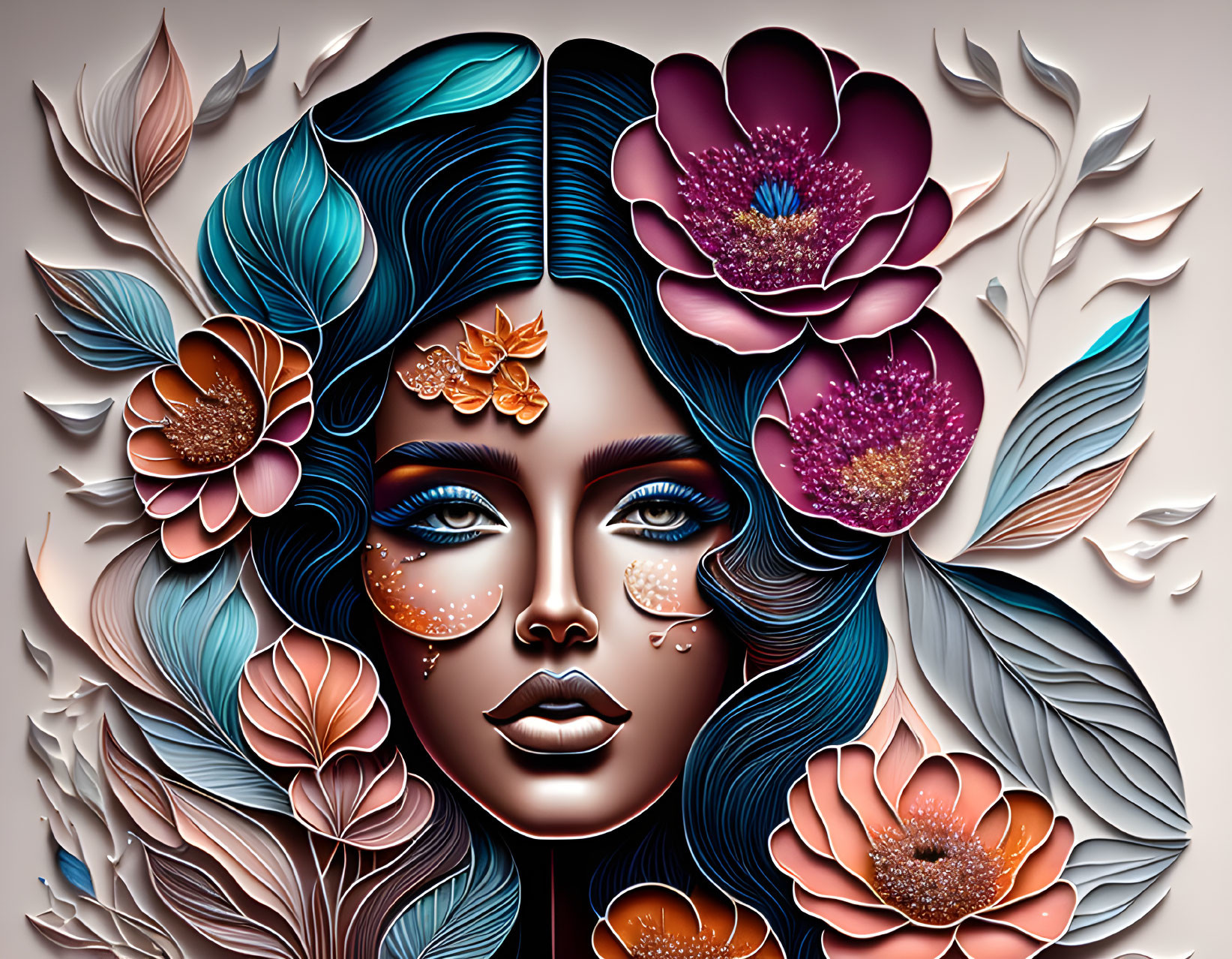 Woman's face adorned with flowers and leaves in brown, blue, and pink palette.