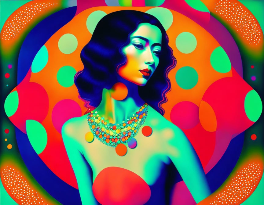 Colorful digital artwork: Woman with flowing hair and bejeweled necklace on psychedelic background