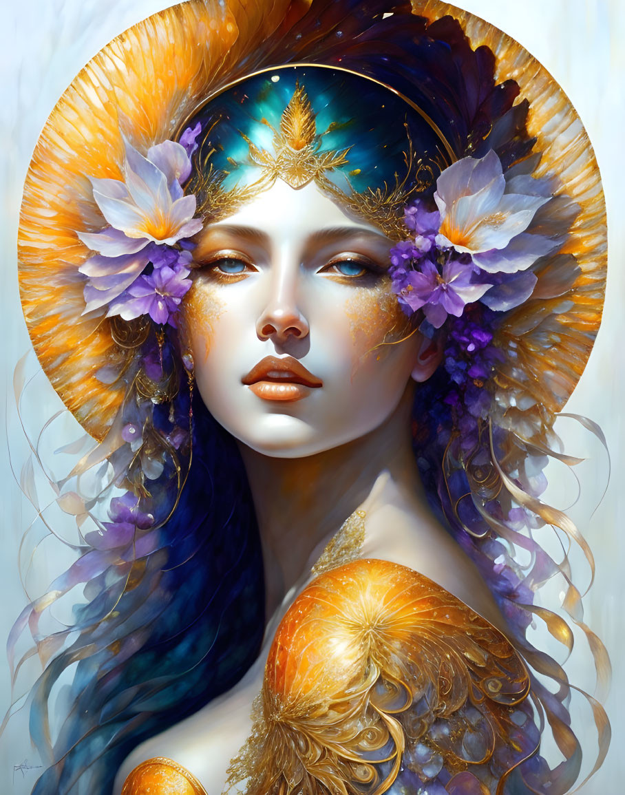 Fantasy portrait of woman with blue hair, golden halo, and celestial theme.