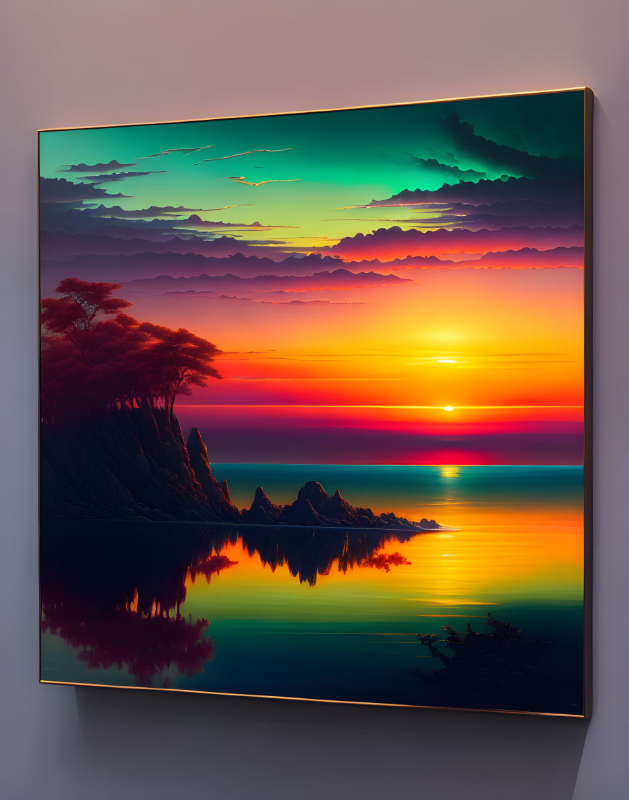 Colorful sunset digital artwork with tree silhouette and water reflection on wall