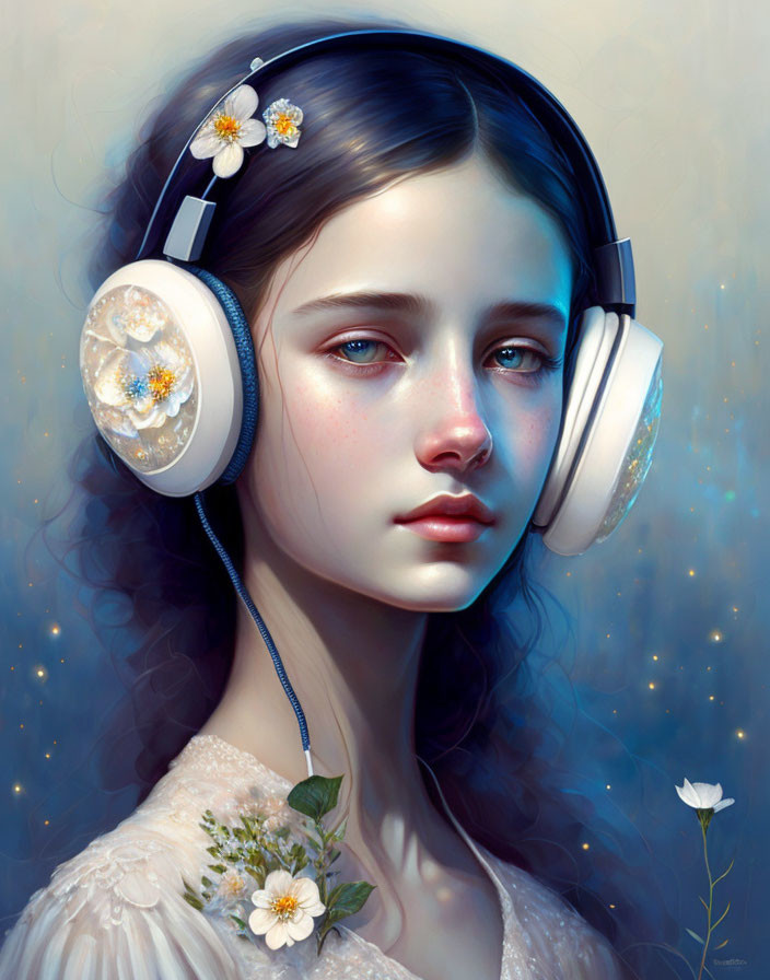 Digital artwork: Young girl with blue eyes in floral headphones, emitting dreamy vibe